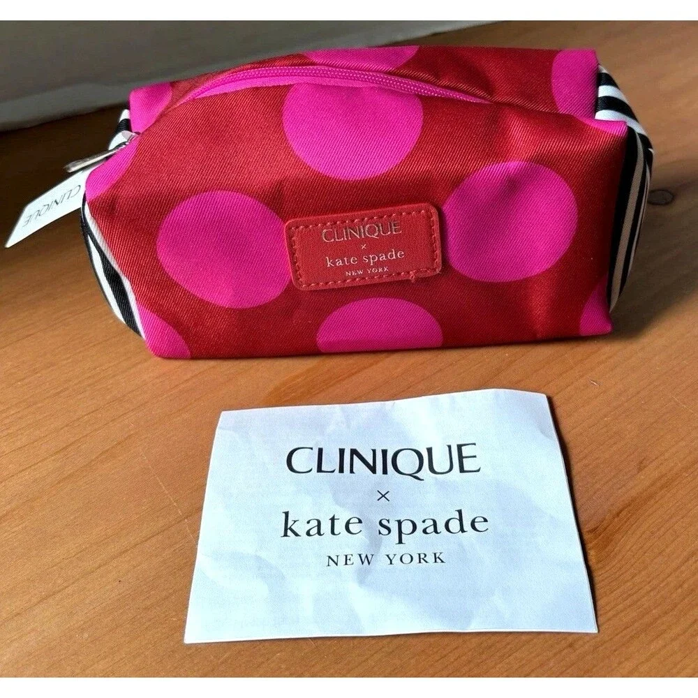 Clinique x Kate Spade Cosmetic Pouch w/ Black & White Striped / Pink Dots